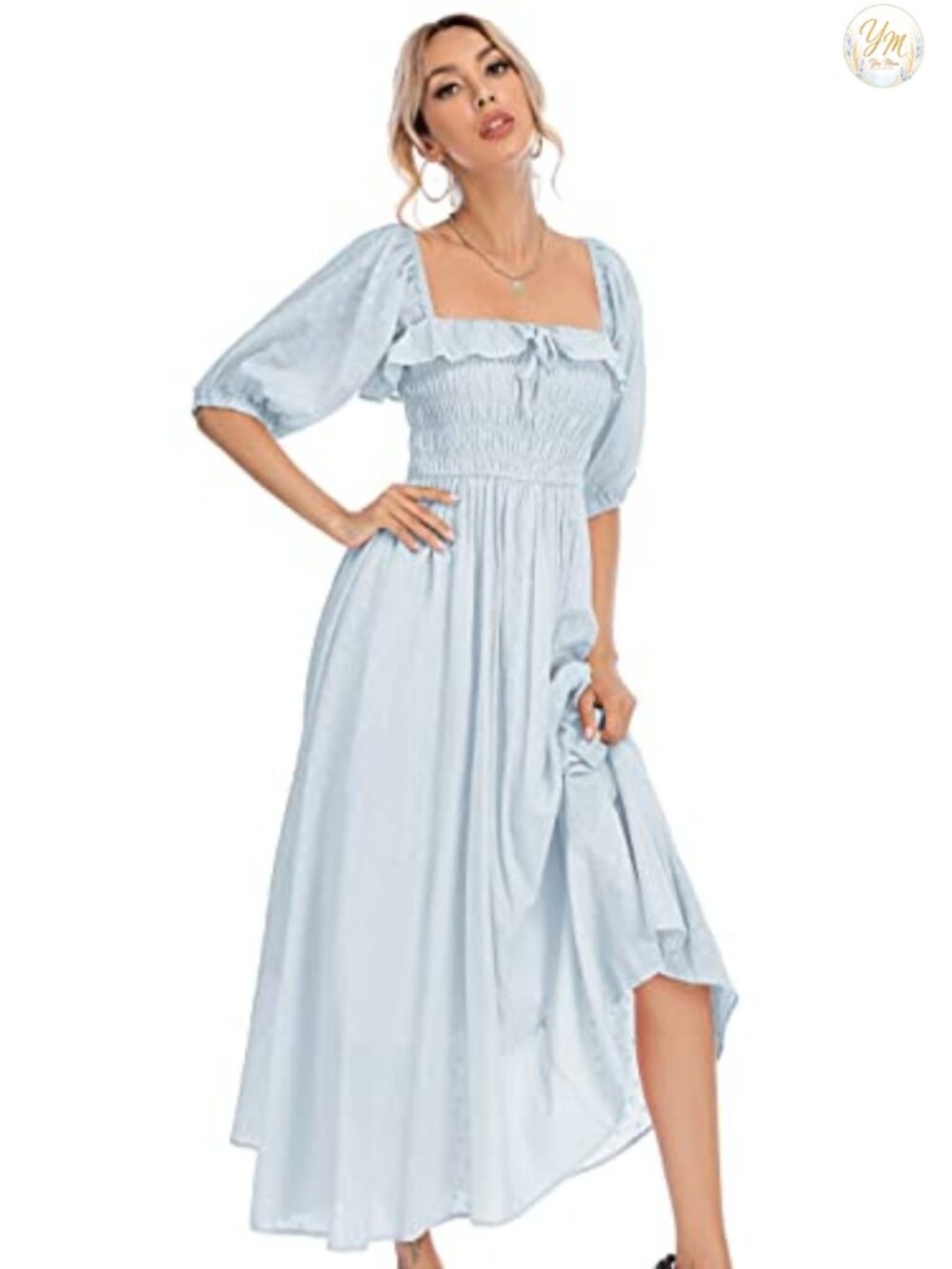 R.Vivimos Cotton A-Line Flowy Midi Dress Square Neck Puff Sleeve